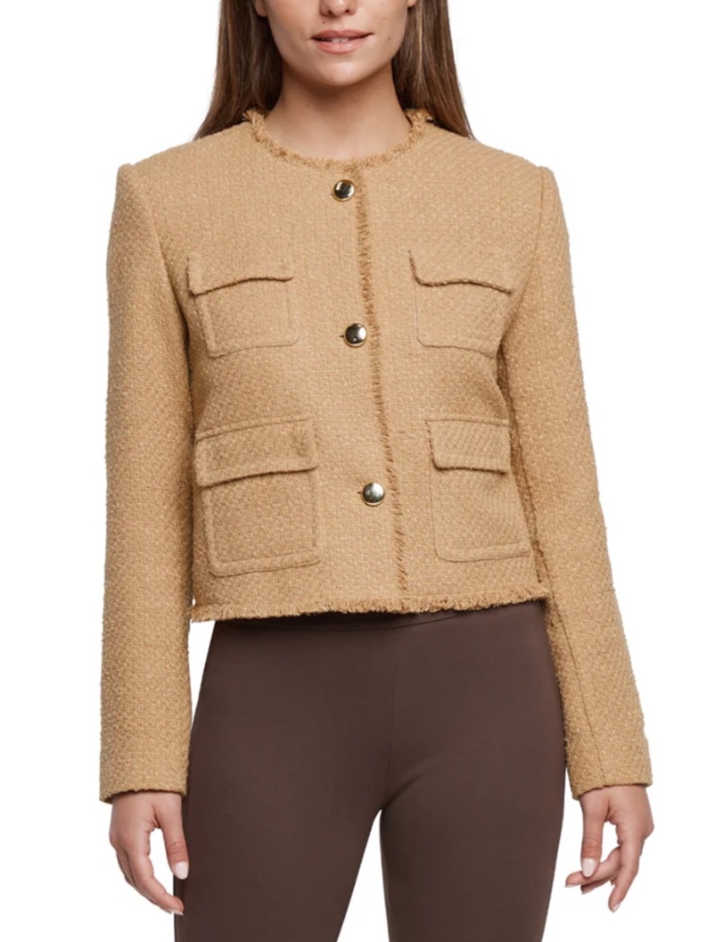 Express Womens Tan Tweed Frayed Trim Button Front Boucle Blazer Large